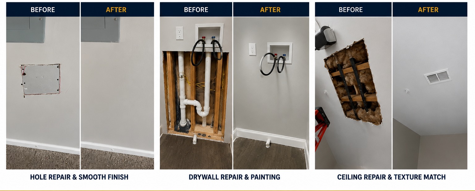 Drywall repairs, painting and ceiling texture matching before and after results.